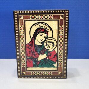 Vintage Inlaid Wooden Box Virgin Mary and Jesus